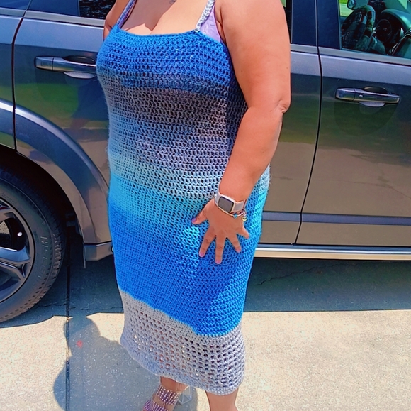 BLUEBERRY CROCHET MAXI DRESS W/ METALLIC SILVER MESH BOTTOM WITH ADDED PEARLS - Picture 3 of 6